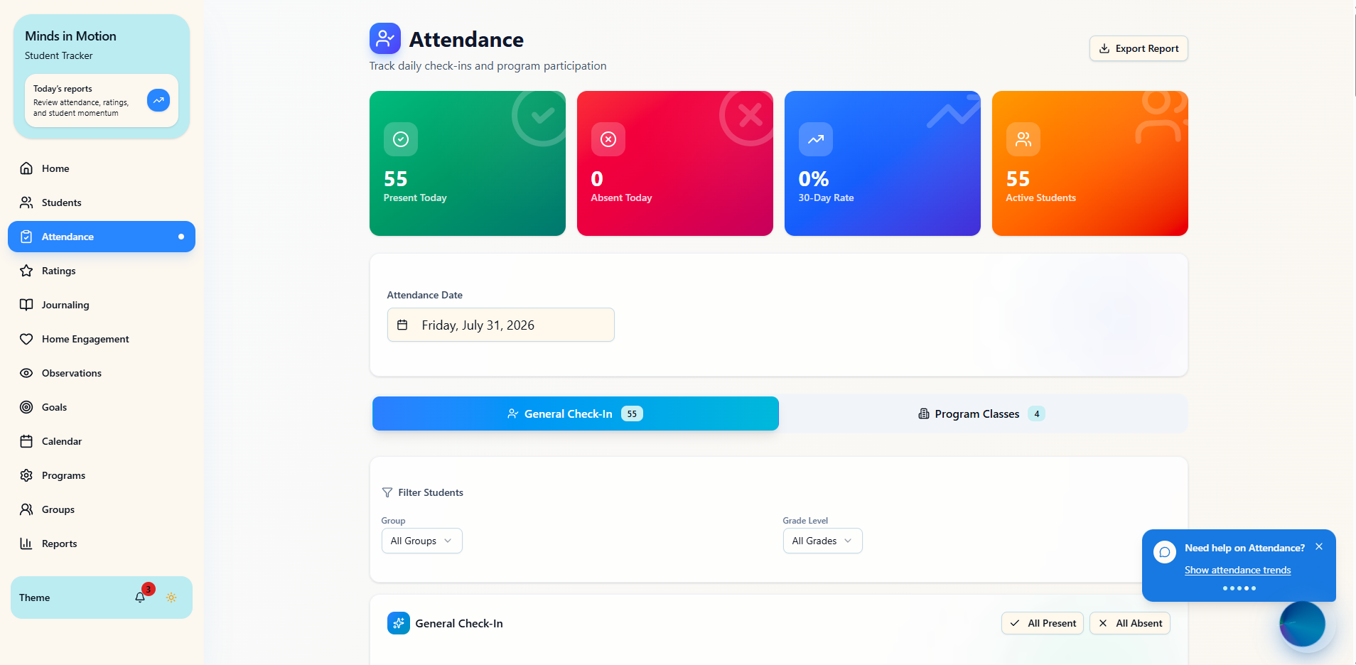 Attendance screen from the Minds in Motion education operations system
