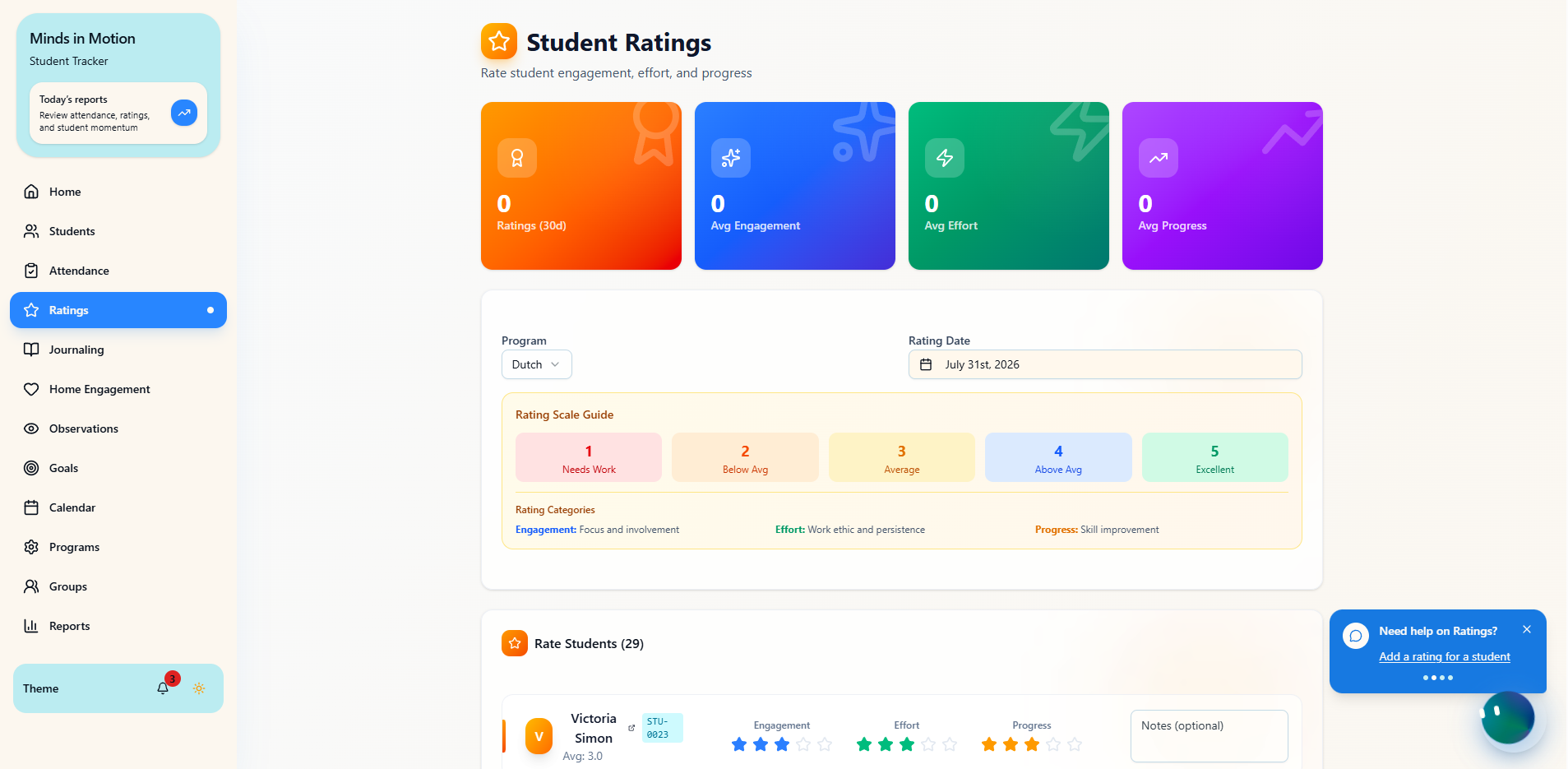 Progress ratings screen from the Minds in Motion education operations system